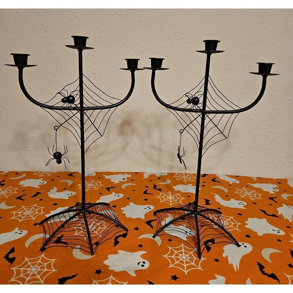 Set Of 2 Gothic Black Spider Web Candelabra Candle Holders